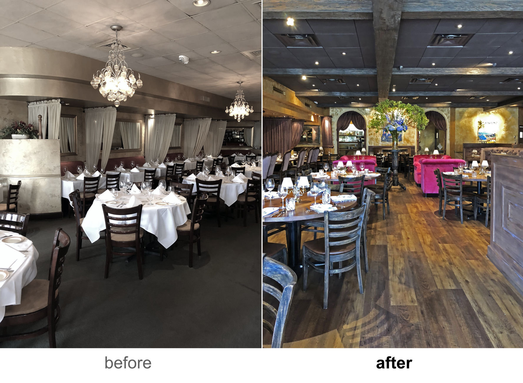 before after of restaurant interior with wood beams 